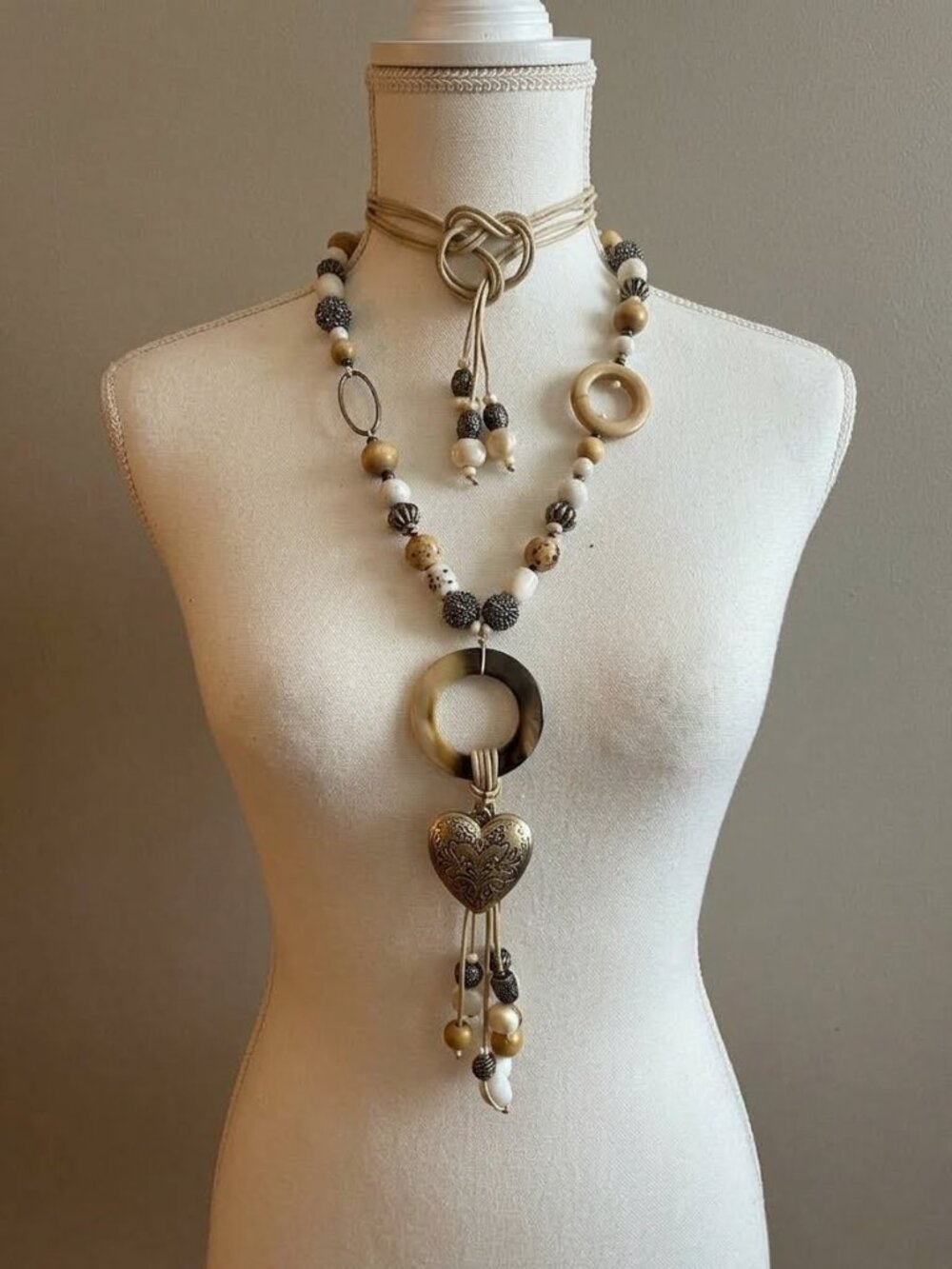 Boho Beaded Belt Statement Lariat/Necklace Glass Silver Tone Charms Accent